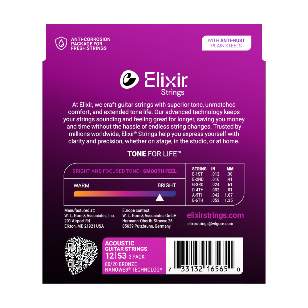 Cuerdas para guitarra acústica Elixir Nanoweb 80/20 Bronze, paquete de 3 Light 12-53 ProstringsChile cuerdas_de_guitarra