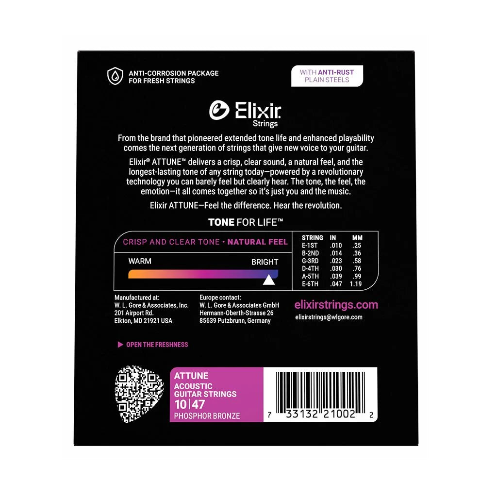 Elixir 21002 Attune Phosphor Bronze Acoustic Guitar Strings Extra Light 10-47