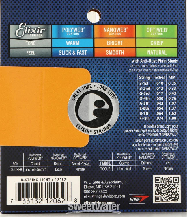 Cuerdas de Guitarra Elixir Nanoweb 12062 10/74 8 Cuerdas