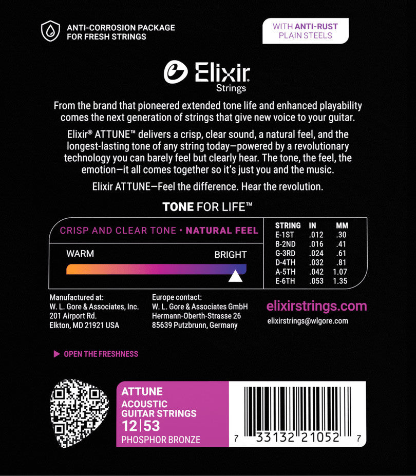 Elixir Attune Phosphor Bronze Acoustic Guitar Strings Custom Light 11-52 ProstringsChile