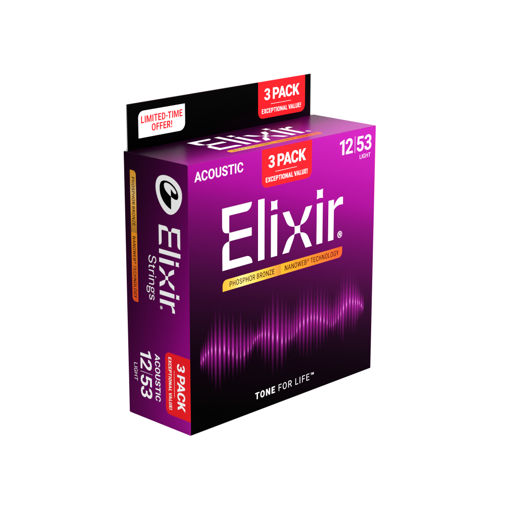 Elixir 3 Pack Phosphor Bronze Nanoweb Acoustic Guitar Strings 16545 Light 12-53 ProstringsChile cuerdas_de_guitarra