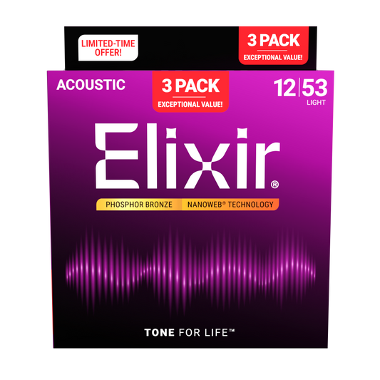 Elixir 3 Pack Phosphor Bronze Nanoweb Acoustic Guitar Strings 16545 Light 12-53 ProstringsChile cuerdas_de_guitarra