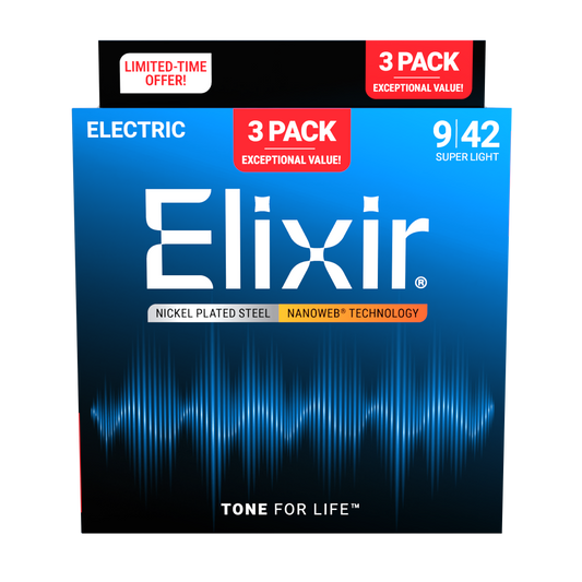 Elixir 3 Pack Nanoweb Electric Guitar Strings Super Light 09/42