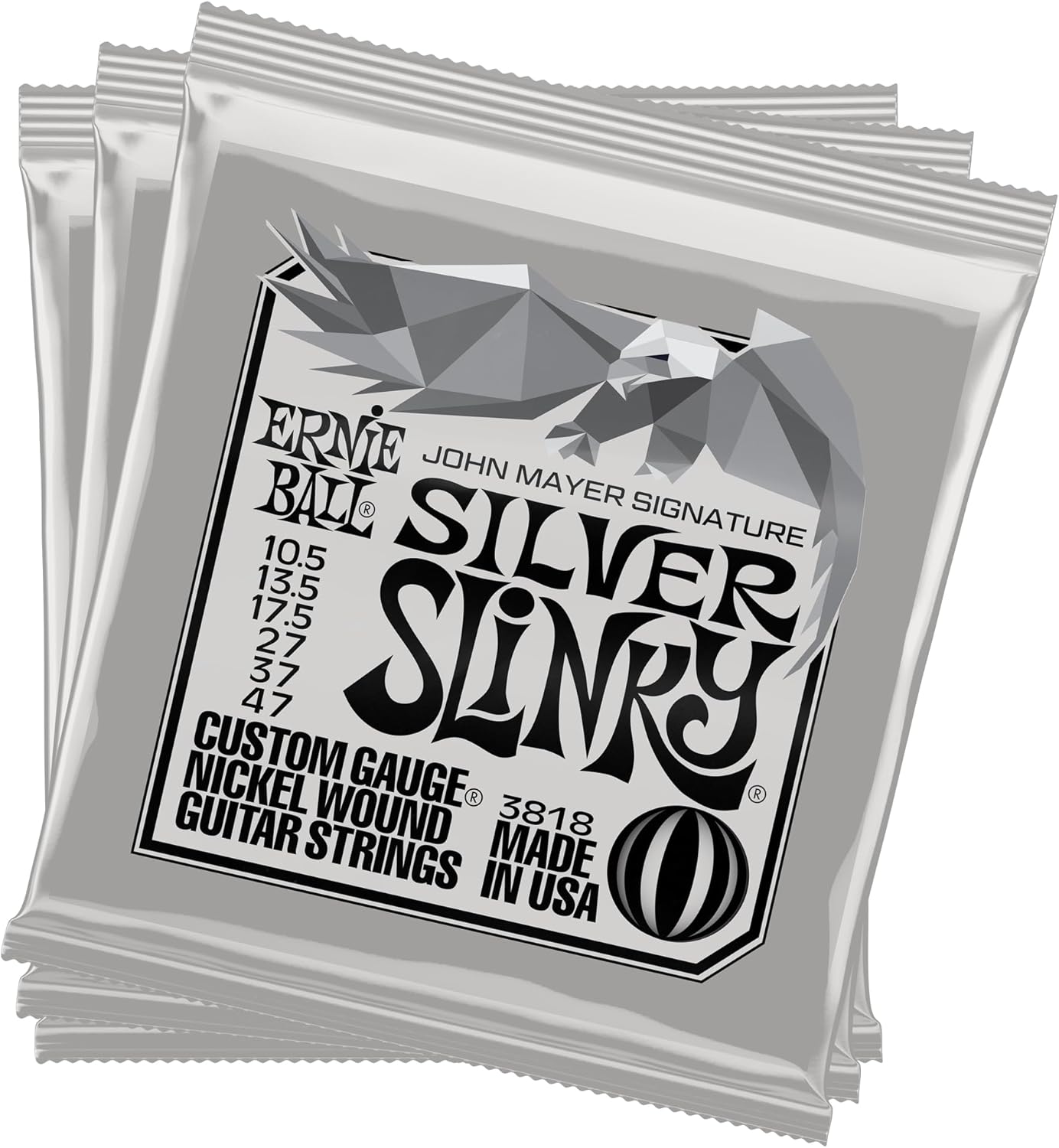 Ernie Ball John Mayer Silver Slinky - Cuerdas para guitarra eléctrica, paquete de 3 unidades, estaño, calibre 10.5-47