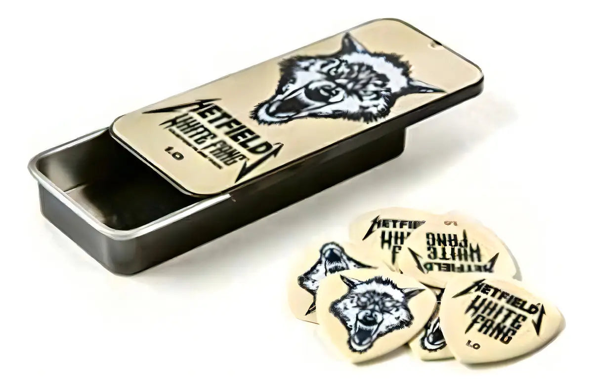 Box Uñetas de guitarra Dunlop James Hetfield's White Fang 1.00 Pack de 6 Unidades ProstringsChile