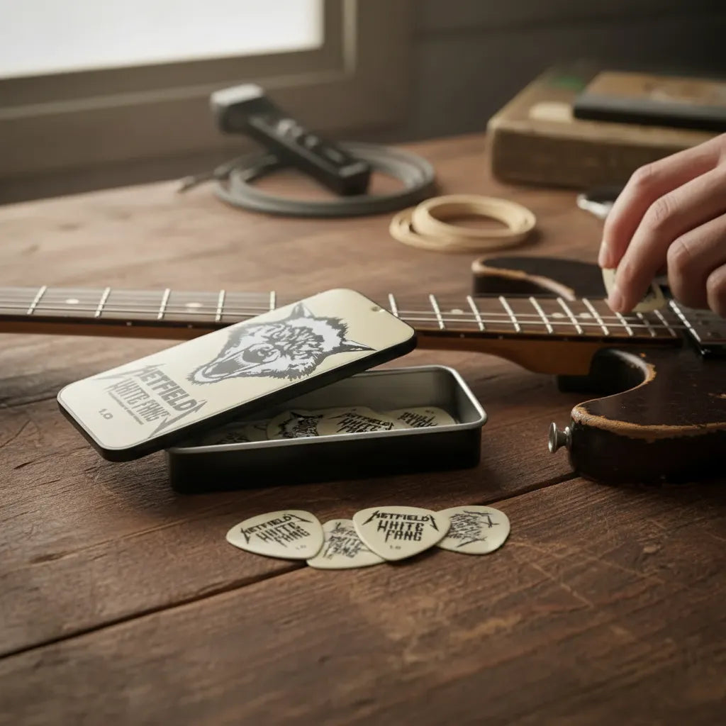 Box Uñetas de guitarra Dunlop James Hetfield's White Fang 1.00 Pack de 6 Unidades ProstringsChile