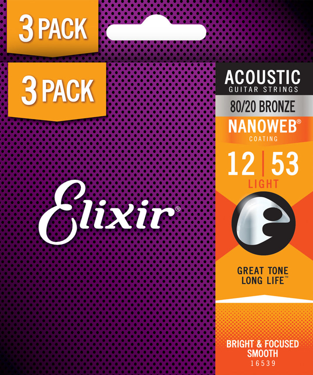 Cuerdas para guitarra acústica Elixir Nanoweb 80/20 Bronze, paquete de 3  Light 12-53