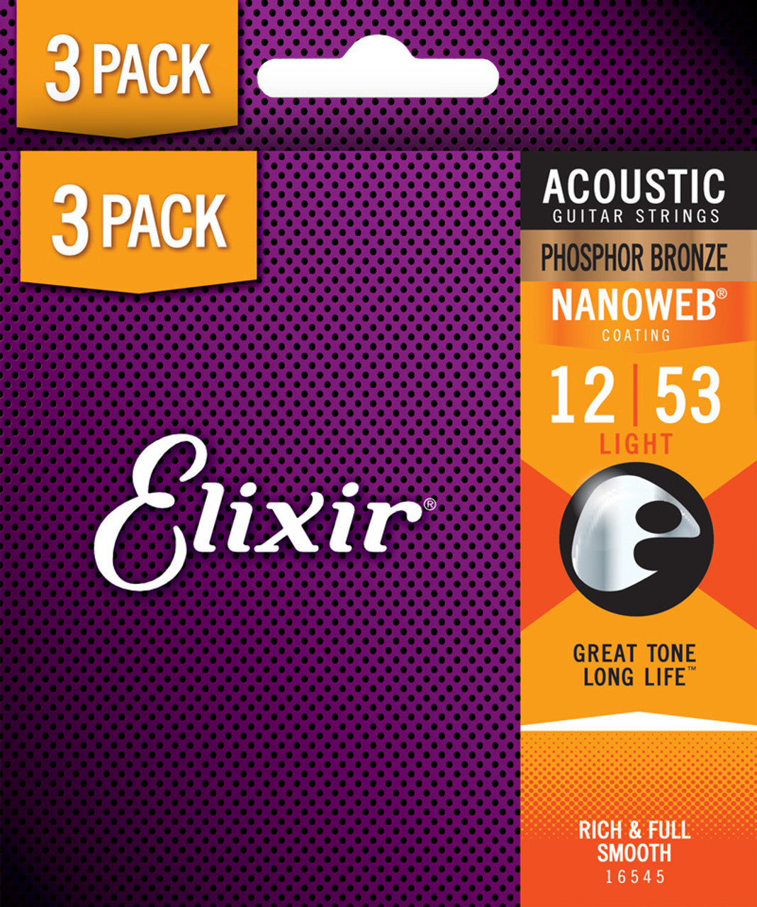 Elixir 3 Pack Phosphor Bronze Nanoweb Acoustic Guitar Strings 16545 Light 12-53