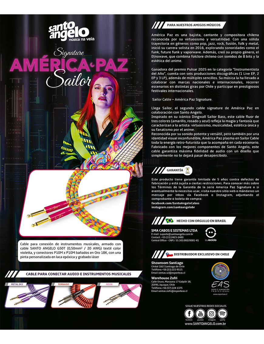 Cable Santo Angelo Signature América Paz Sailor Neon Largo: 4.57 mt Santo Angelo