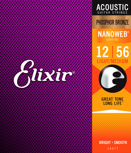 Elixir 16077 Phosphor Bronze Nanoweb Coated Acoustic Guitar Strings Light-Medium 12-56