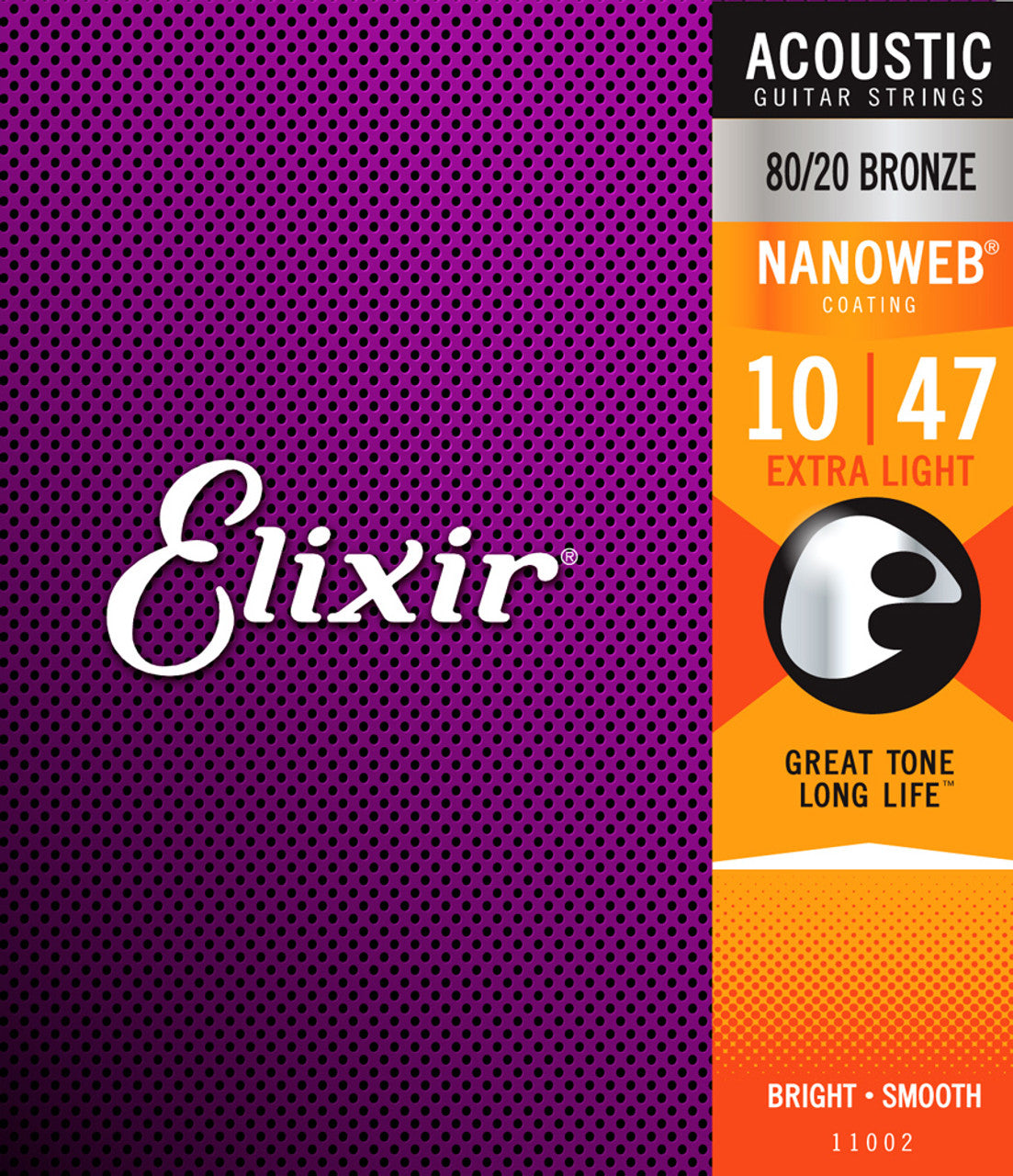 Elixir Nanoweb Coated 80/20 Bronze Acoustic Guitar Strings 11002 Extra Light 10-47