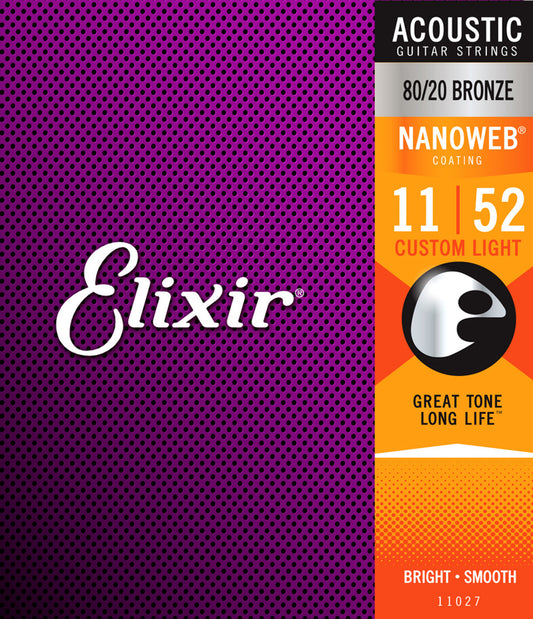 Elixir Nanoweb Coated 80/20 Bronze Acoustic Guitar Strings 11027 Custom Light 11-52