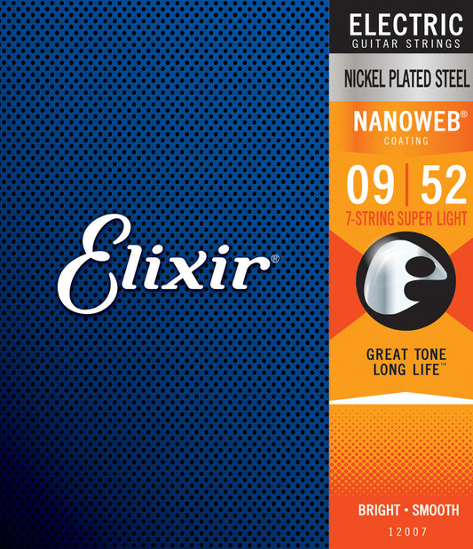 Elixir Nanoweb Coated Nickel Plated Electric 7-String Guitar Strings 12007 Super Light 7-String 9-52