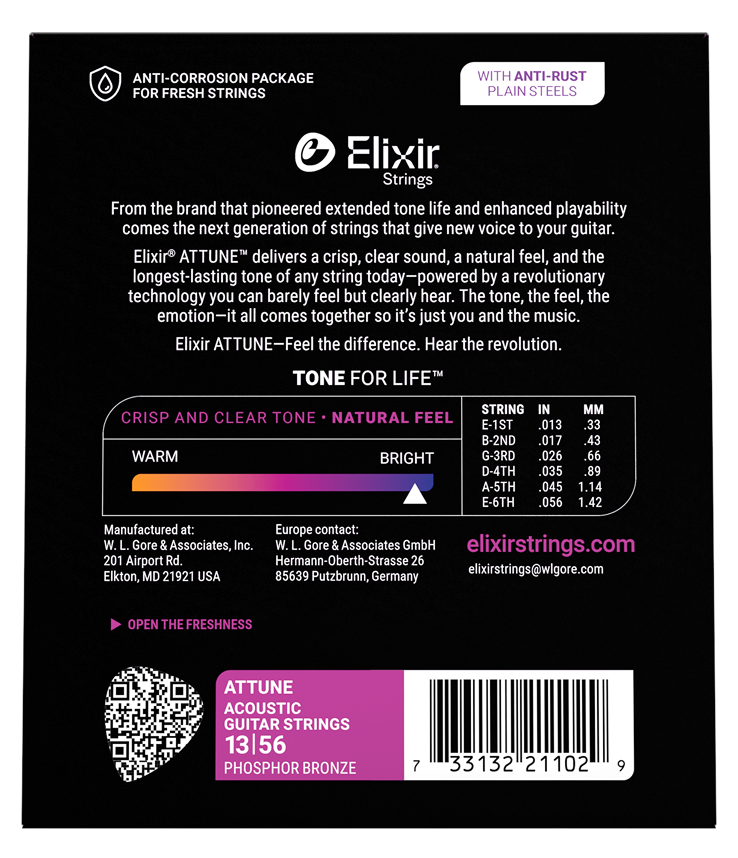Elixir Attune Phosphor Bronze Acoustic Guitar Strings Custom Light 13-56 ProstringsChile