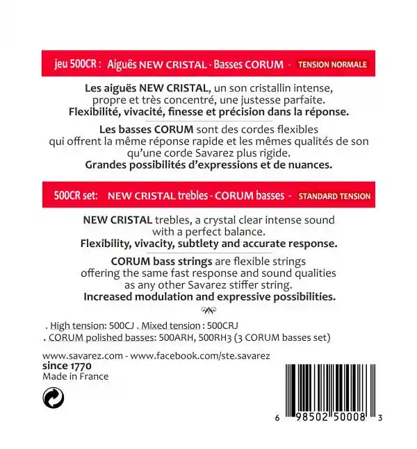 Cuerdas para guitarra clásica Savarez 500CR Corum New Cristal, tensión normal. ProstringsChile